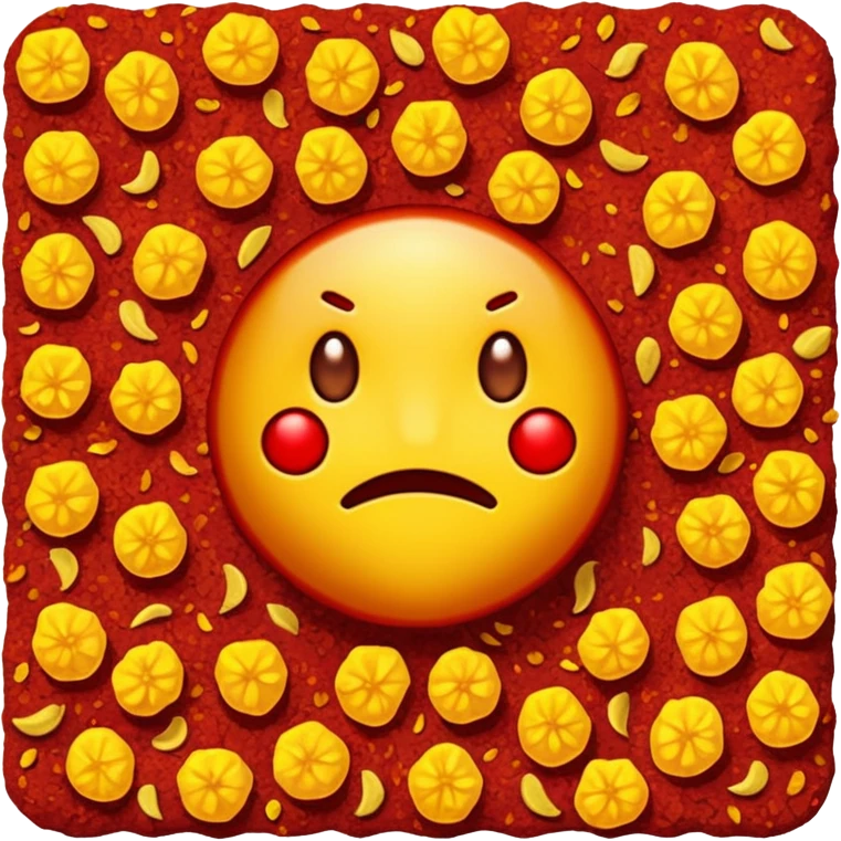 scatter of crushed chili flakes, irregular, deep red to orange, some yellow seeds, dry rough surface, spicy look, apple emoji style, soft lighting, transparent background, emoji scale emoji