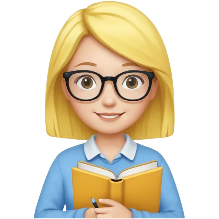 A smart and cute girl with yellow bobbed hair, wearing sky blue clothes,
I hold a book in one arm. There is a pen in the book.
He is wearing black-rimmed glasses and smiling brightly. emoji