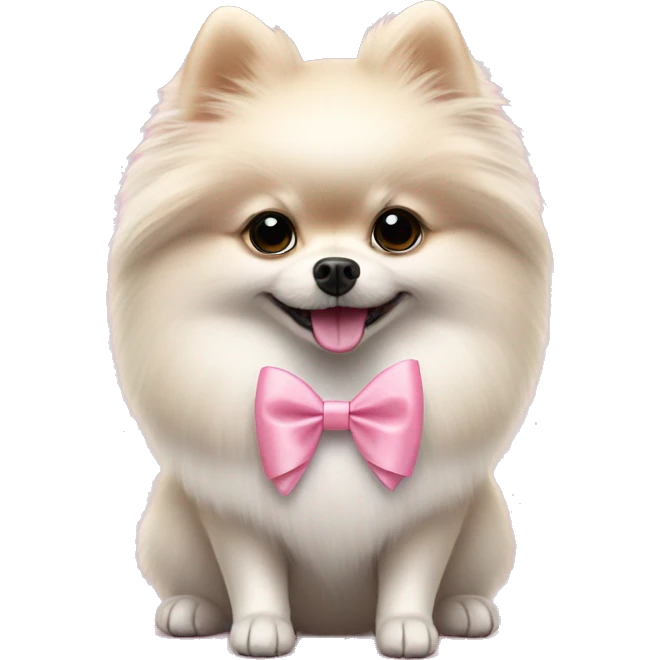 White Pomeranian wearing a pink bow tie hold a bouquet of light pink tulips emoji