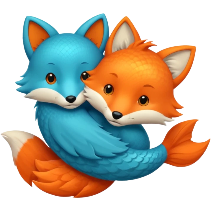 Make a bright orange fish and a teal blue fox that are hugging or cuddling each other emoji