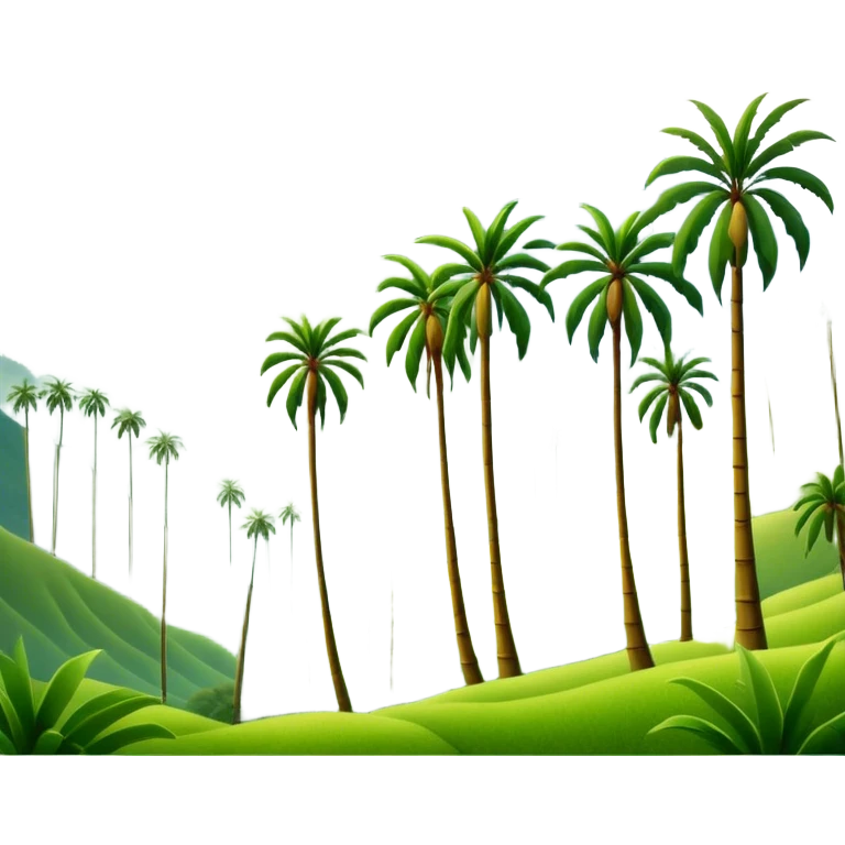 Cinematic Realistic Cocora Valley Landmark Emoji, featuring towering wax palm trees swaying in the misty green valley, with rolling hills and distant mountain peaks bathed in warm morning light. emoji