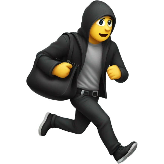 thief running with a black bag in shoulder and money flying emoji