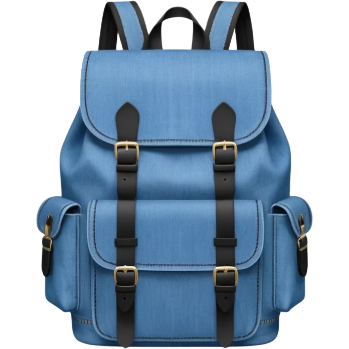 An emoji-style blue denim backpack with a flap top. Two short black buckle straps are attached only at the top flap, do  not extending to the bottom. The front is clean with no pockets or extended straps. The backpack has two side pockets. 


 emoji