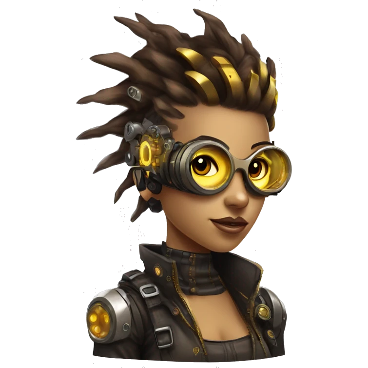 Brown with yellow streaks Mohawk hair female cyborg head, tan skin, steampunk goggles and circuits emoji