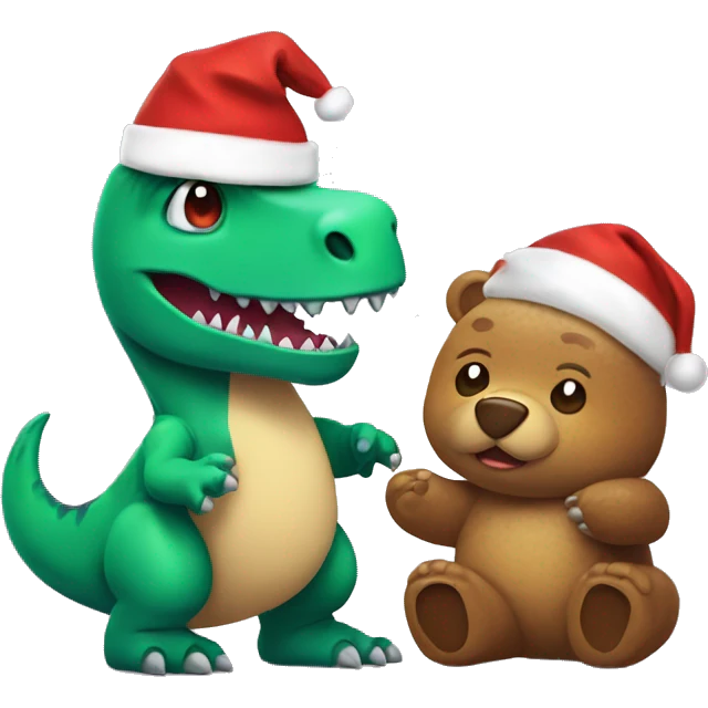 make a very cute trex with a xmas hat on holding a bear emoji