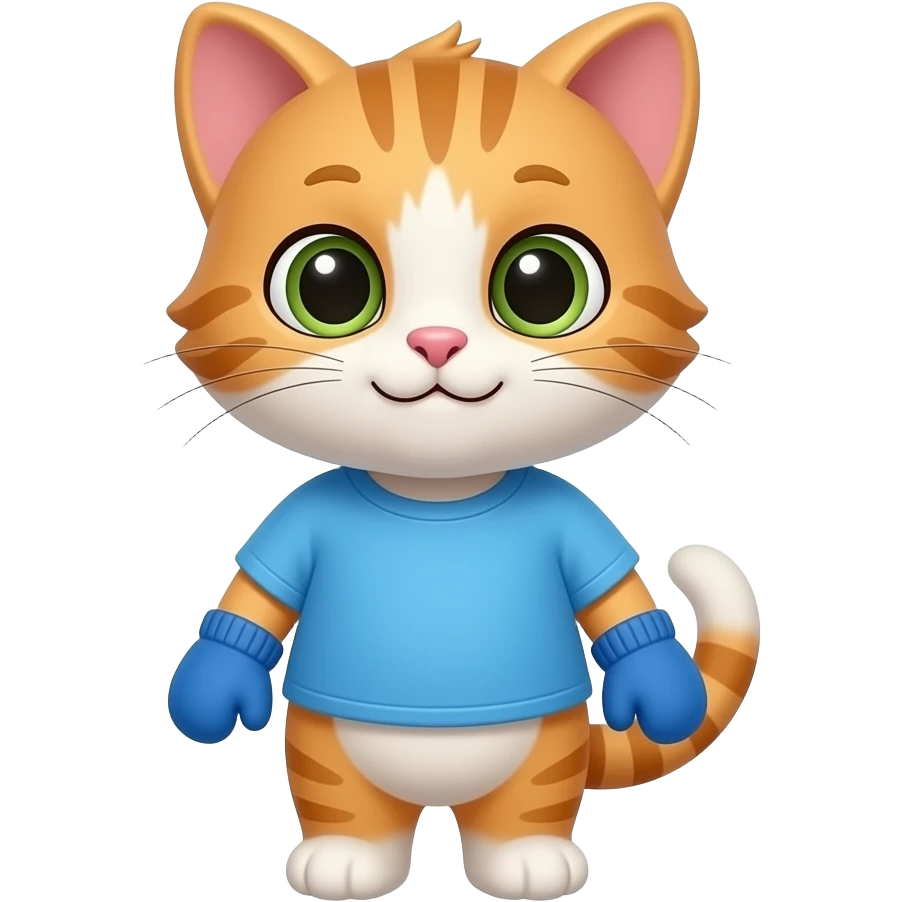 Cartoon baby kitten wearing a blue shirt wearing blue mittens emoji