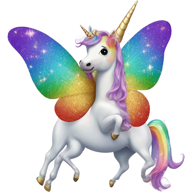 Whimsical rainbow unicorn butterfly with glitter emoji