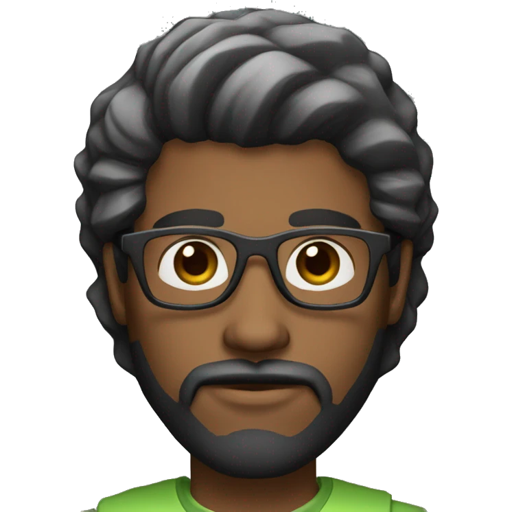 Dark skin, 30 years old Man with beard and mustache, glasses, black hair and working on the computer brown eyes emoji