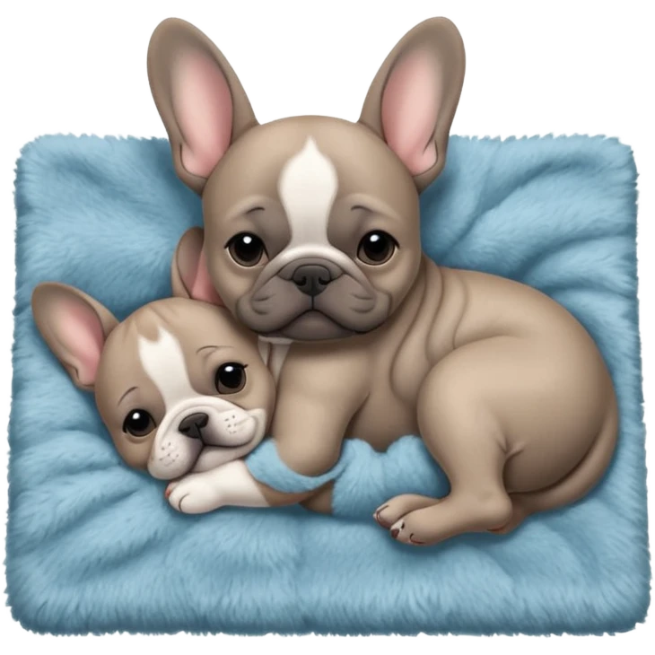 Gray French bulldog puppy, sleeping on a realistic fuzzy blanket with his mom emoji