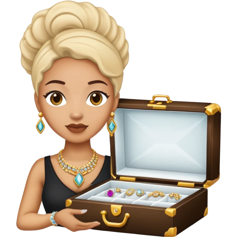 Light skin black female jeweler standing behind a jewelry case emoji