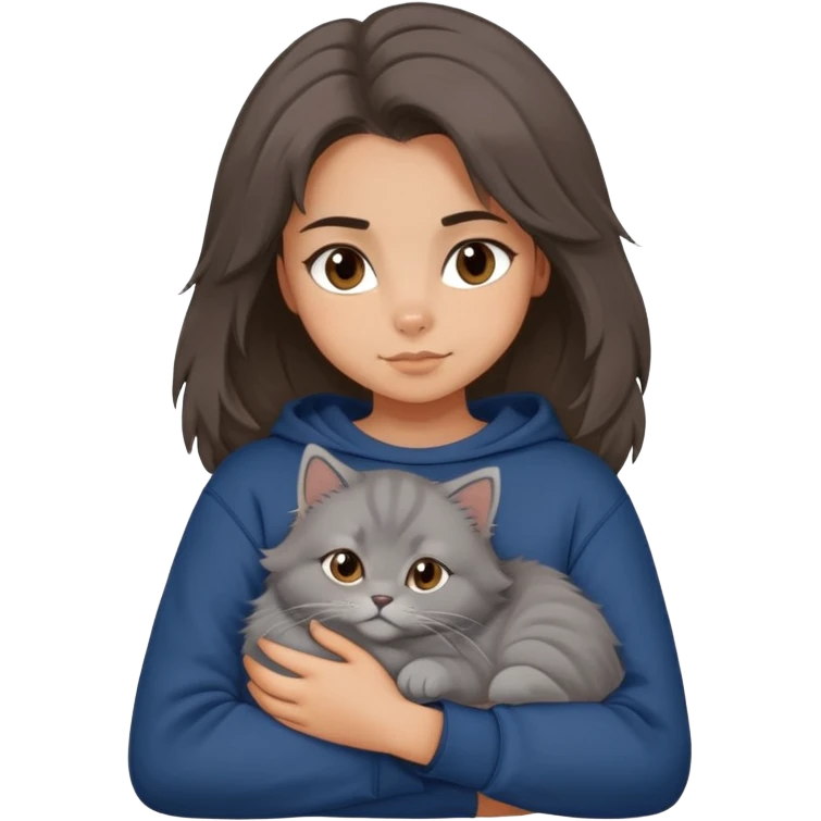 Brunette girl with dark blue sweatshirt snuggling a fluffy grey Siberian cat, cute cartoon style emoji