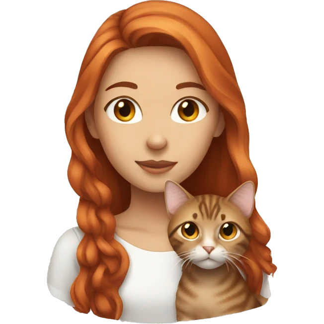 red haired girl with brown eyes holding a brown tabby cat emoji