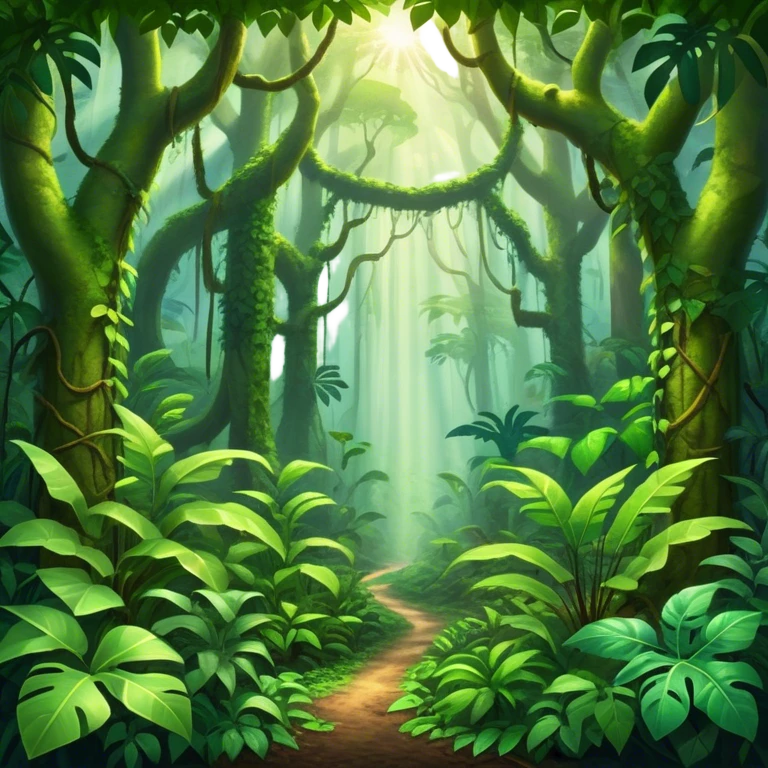 Cinematic Realistic Rainforest Emoji, Lush and vibrant, filled with towering trees, thick vines, and dense green foliage, sunlight filtering through the canopy above, creating dappled patches of light on the rich, diverse undergrowth. The air is heavy with moisture, with mist rising from the forest floor and distant calls of exotic birds and animals echoing through the trees. Soft glowing outline, capturing the essence of a thriving, untamed tropical paradise filled with life! emoji