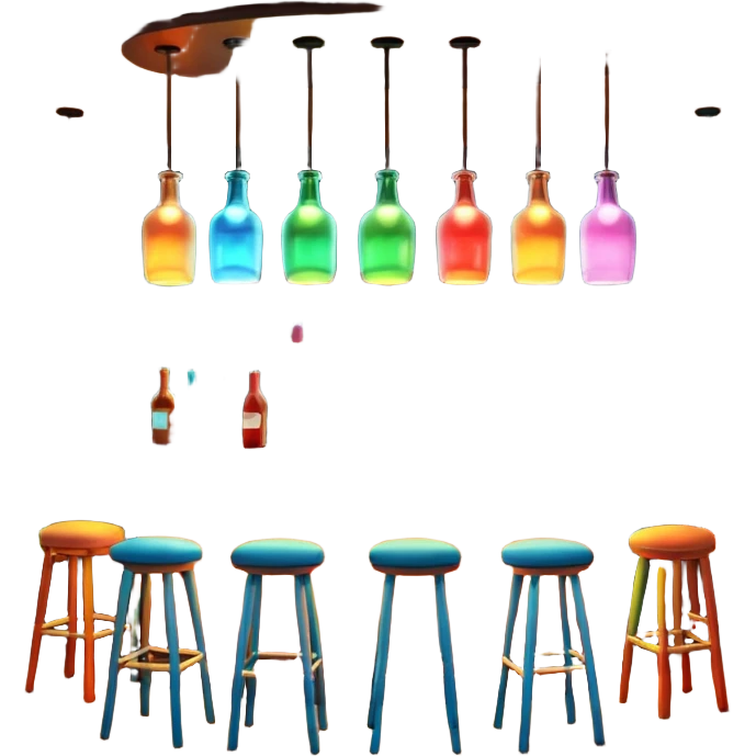 A 3D cartoon bar interior with a counter, glowing shelves of colorful bottles, tall stools, and hanging lights, warm ambient lighting, realistic reflections, Memoji-style. emoji