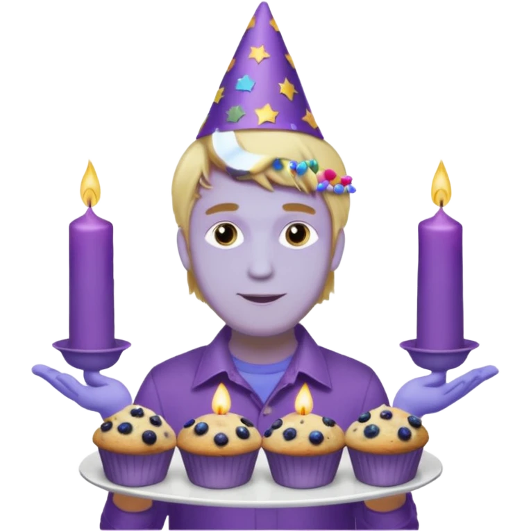 Man with blonde hair wearing purple shirt and a party hat holding several blueberry muffins either candles in them  emoji