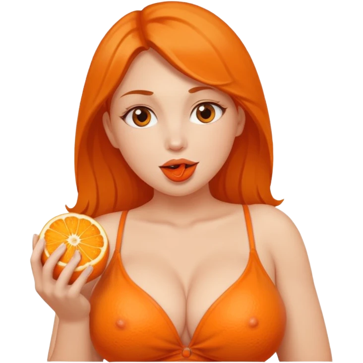 Bare skin woman, with very large breast and big nipples, she sticks her orange out with saliva emoji