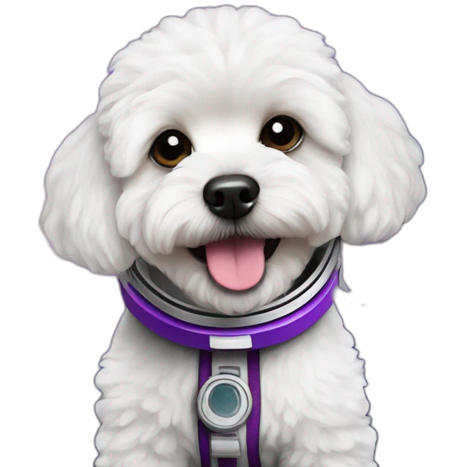 a white maltipoo with purple astronaut emoji