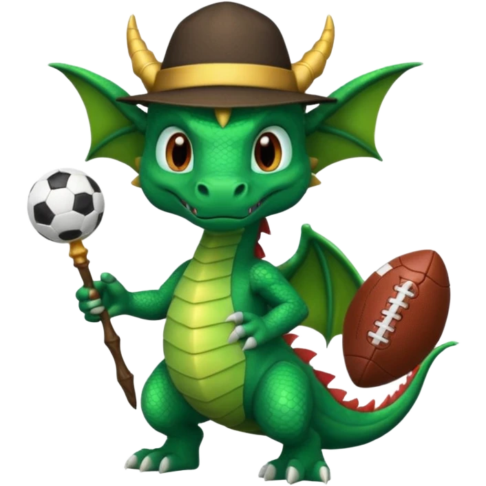 ein Drache mit einem Zauberstab in der Hand  und einen Hud  auf dem kopf,ein Fussball in der anderen hand emoji
