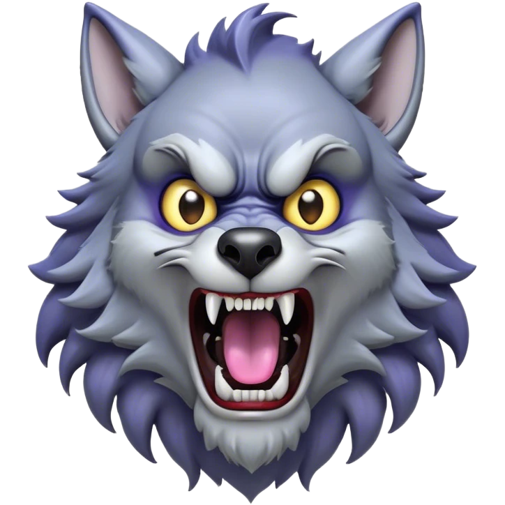 Cinematic Comical Werewolf Portrait Emoji, with a whimsically exaggerated lupine face in vivid moonlit grays and silvers, head cocked in a dramatically shocked expression with comically oversized, wide eyes and a playful snarl, simplified yet hilariously expressive, highly detailed with a soft cartoonish glowing outline capturing the mischievous humor of a werewolf mid-transformation! emoji