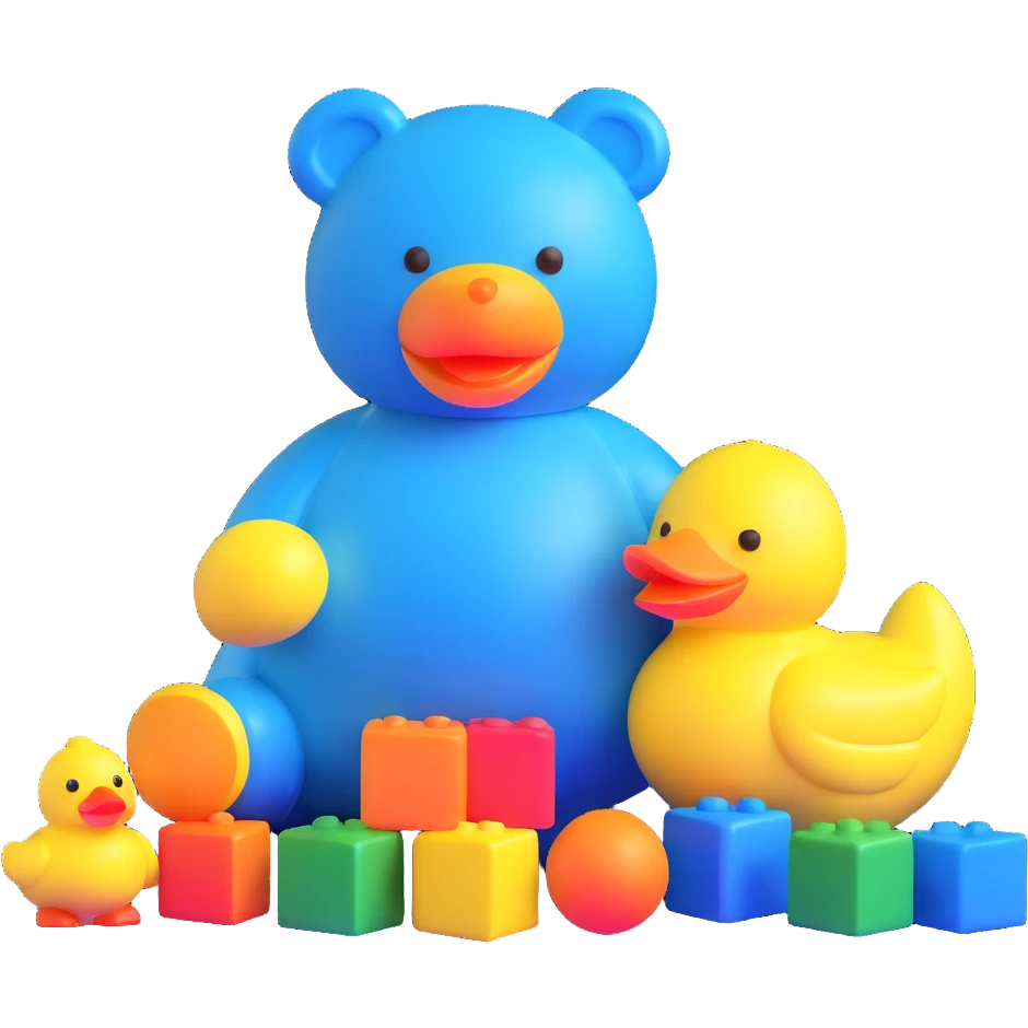 bright playful toys scattered - blue teddy bear, yellow rubber duck, colorful building blocks, rainbow ball, cartoon action figure emoji