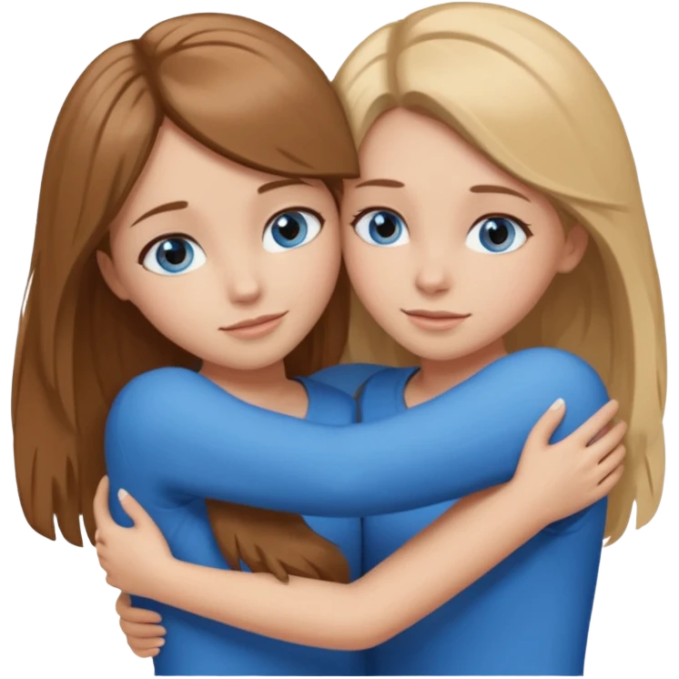 two Girls, Brown and Blonde hair, with Blue Eyes hugging one has Brown hair emoji
