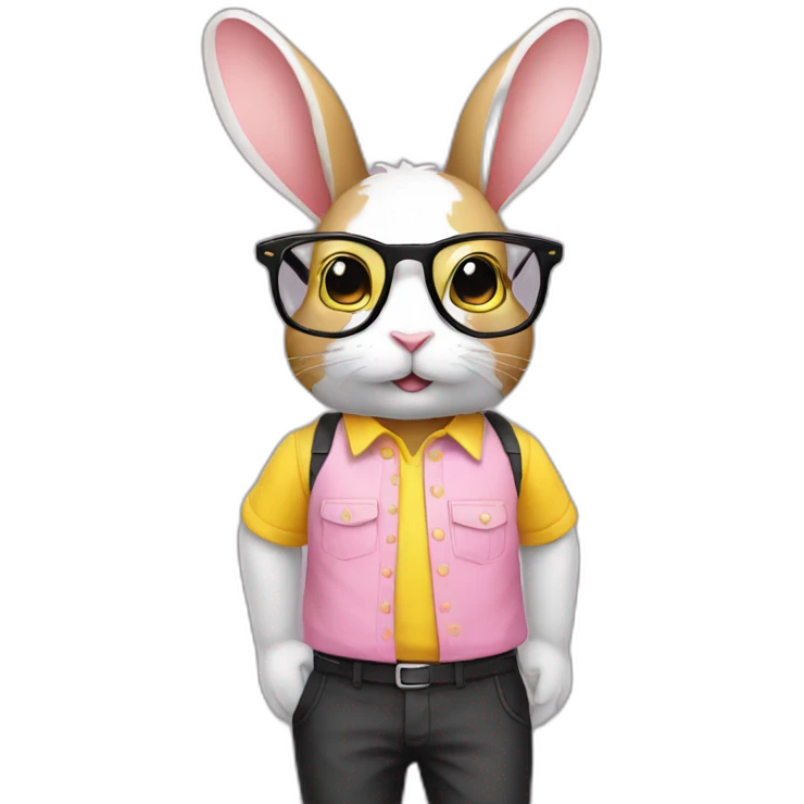 Specialist rabbit pink, glasses black, wears shirt yellow emoji