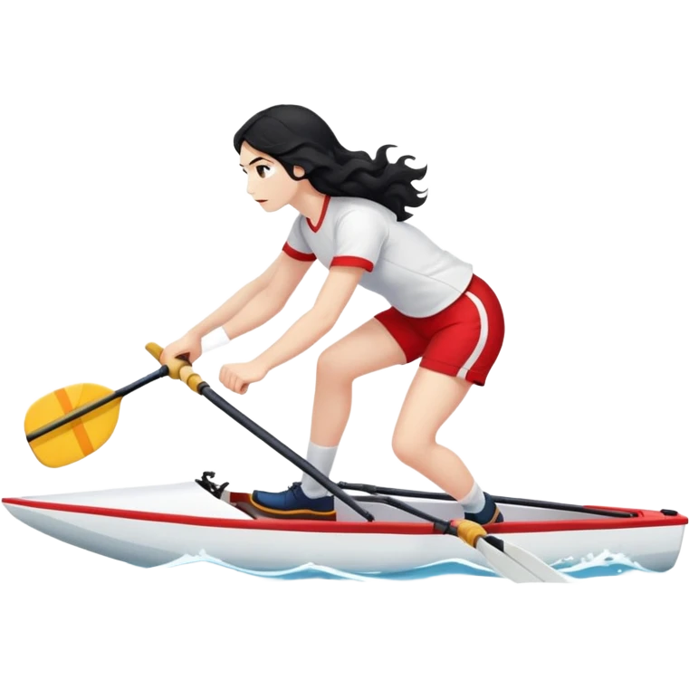 girl with long black wavy hair, white skin, wearing red shorts and white short-sleeve t-shirt, doing Olympic rowing in a long thin racing boat, facing fully right, slightly from a distance emoji