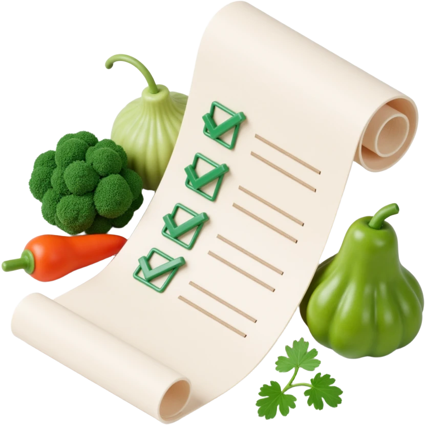 floating rolled paper list with green checkboxes and around vegetables emoji