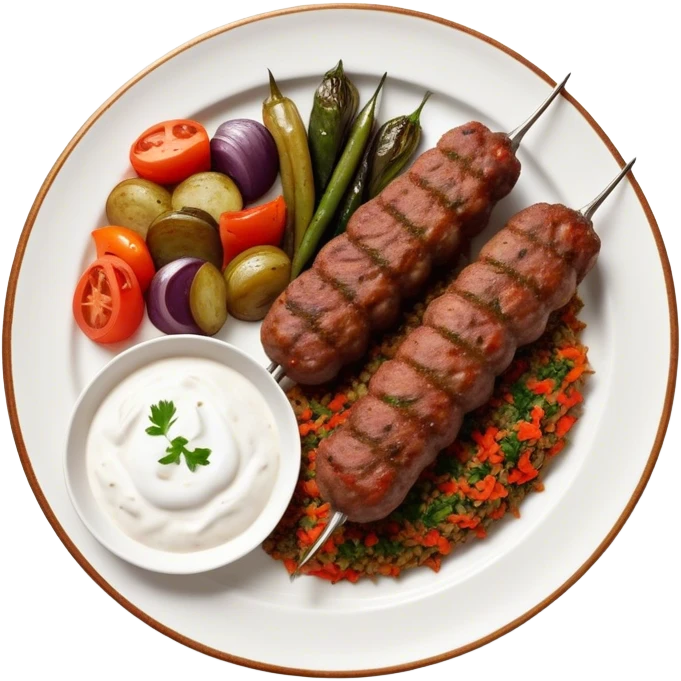 Cinematic Realistic image of a long, hand shaped Turkish Köfte, rendered with richly spiced meat textures and subtle grill marks, artfully arranged on a traditional Turkish ceramic plate alongside classic sides such as a serving of aromatic pilaf, crisp grilled vegetables, and a dollop of creamy yogurt, all bathed in warm, appetizing lighting that emphasizes its savory allure. emoji