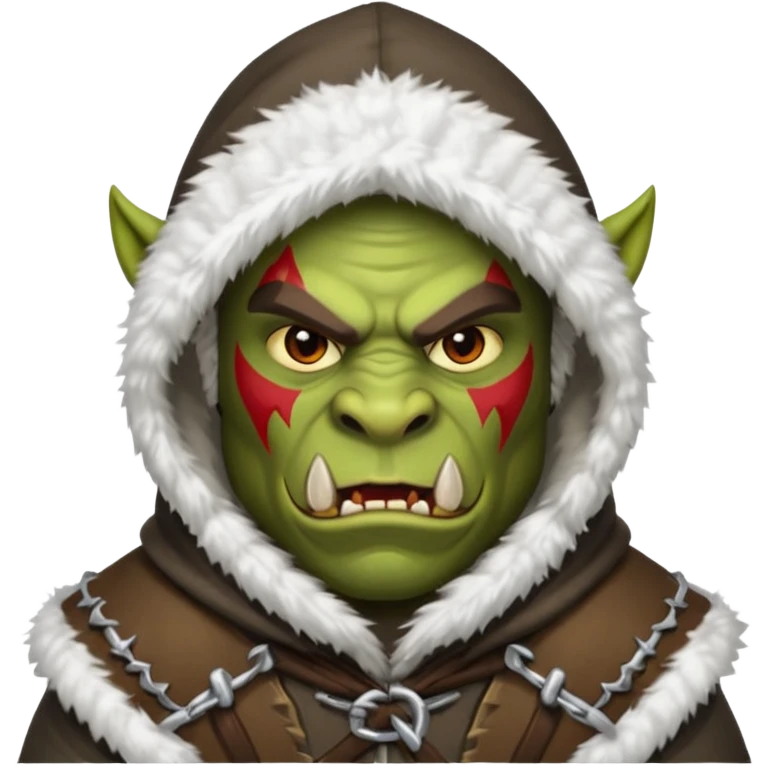 Fantasy Christmas orc raider icon, winter bandit style, fur hood, aggressive cunning expression, snowy action mood, clean emoji portrait style, male/female variant
 emoji