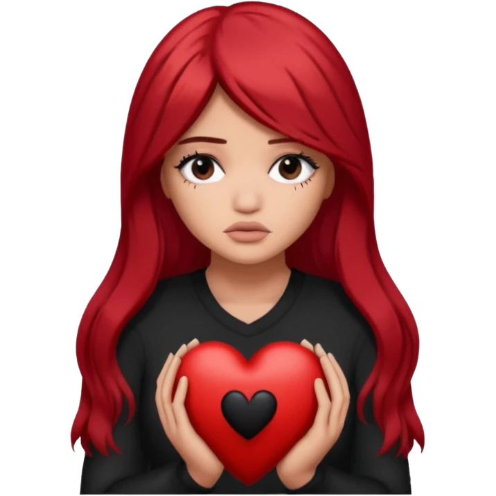 A Kylie Jenner with long red hair is sad and holds a black heart in her hands emoji