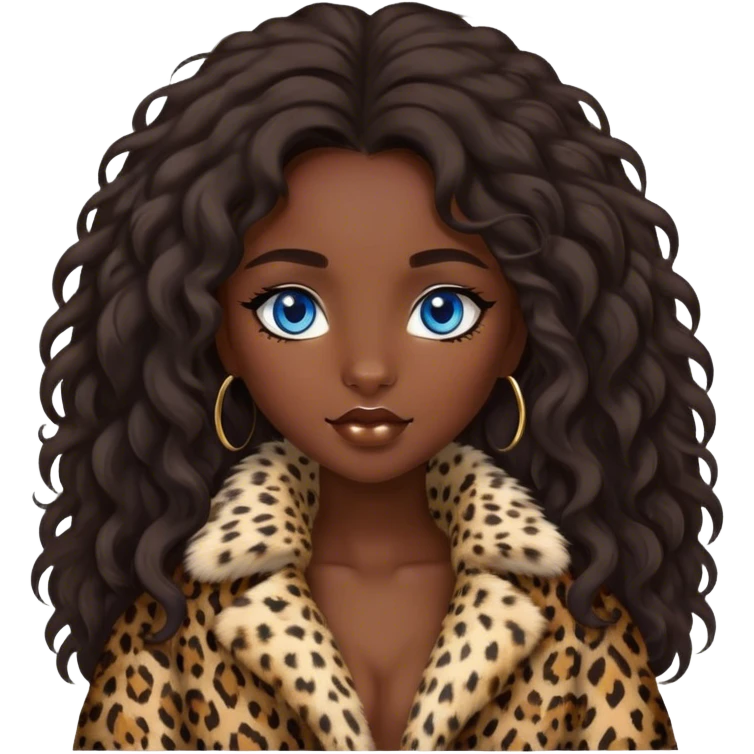 Dark Brunette girl blue eyes with long wavy hair in fluffy leopard fur coat  emoji