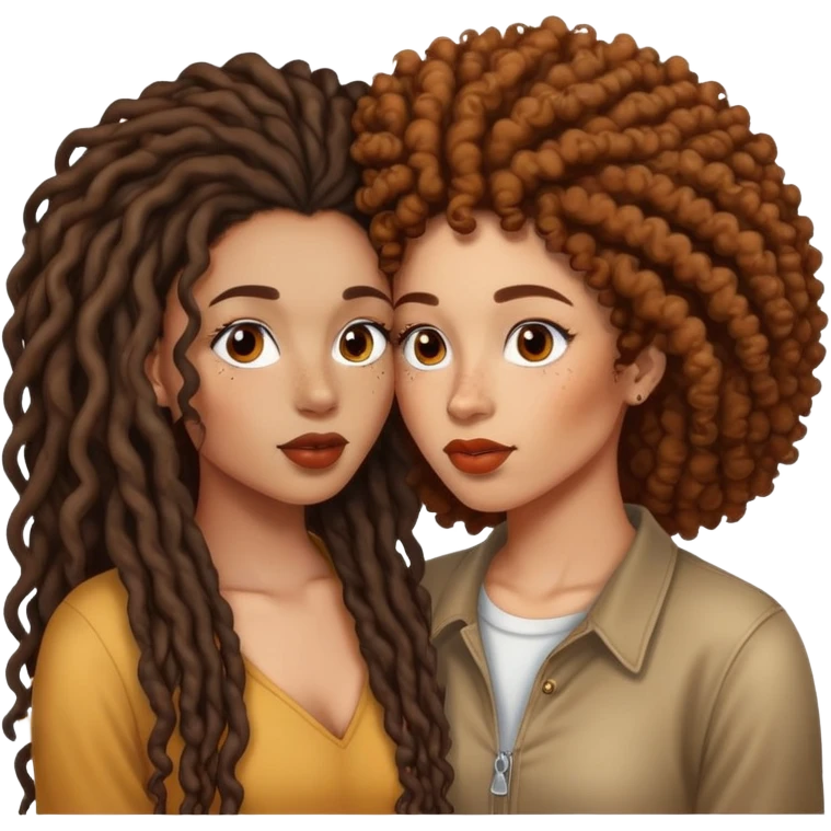 Light skin black woman with freckles and long dreads kissing brown skin woman with brown Curly Afro emoji