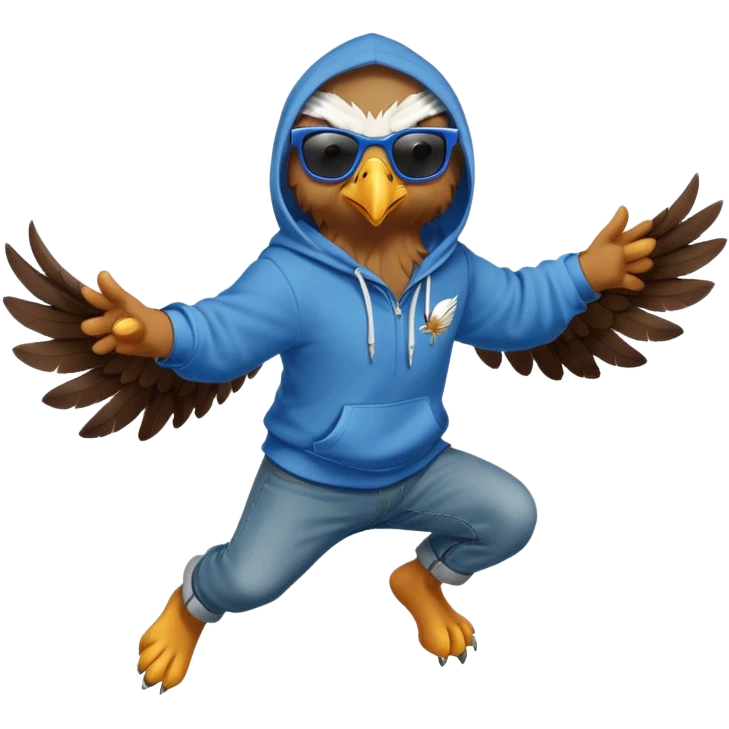 friendly anthropomorphised eagle with arms in a hoodie and jeans jumping and wearing sunglasses emoji