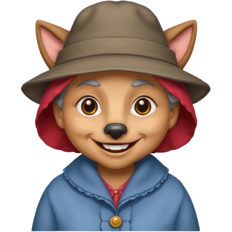 The big bad wolf is wearing Grandma's clothes and a hat, yet its face still looks like a wolf's. emoji