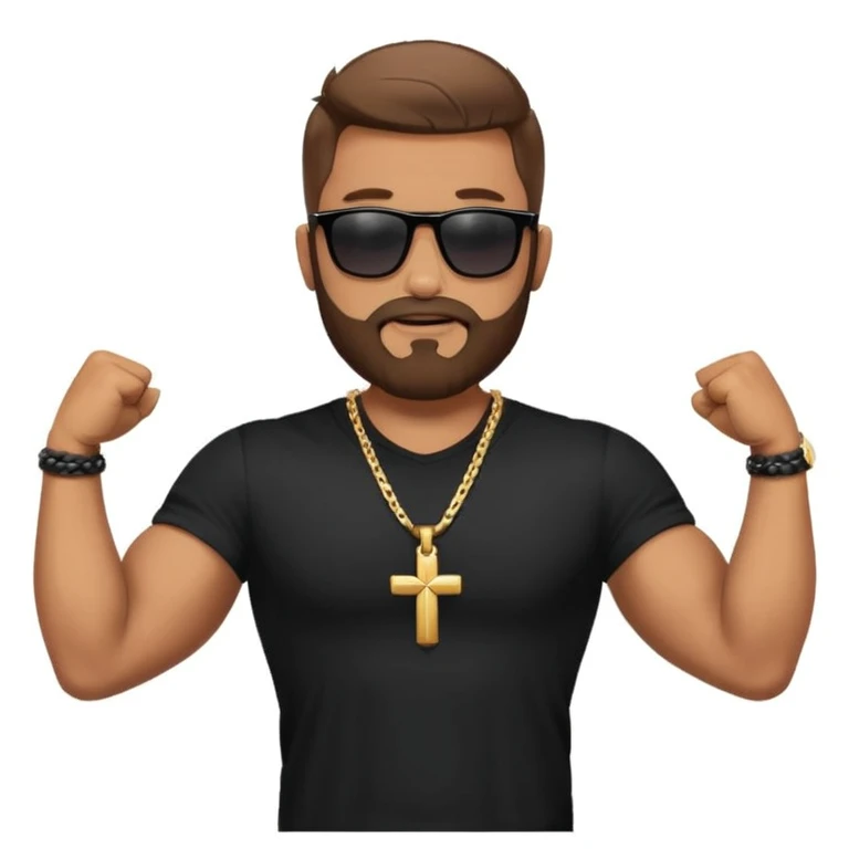 bearded man with sunglasses, black shirt, and cross necklace, flexing arms in a confident pose, outdoor background emoji