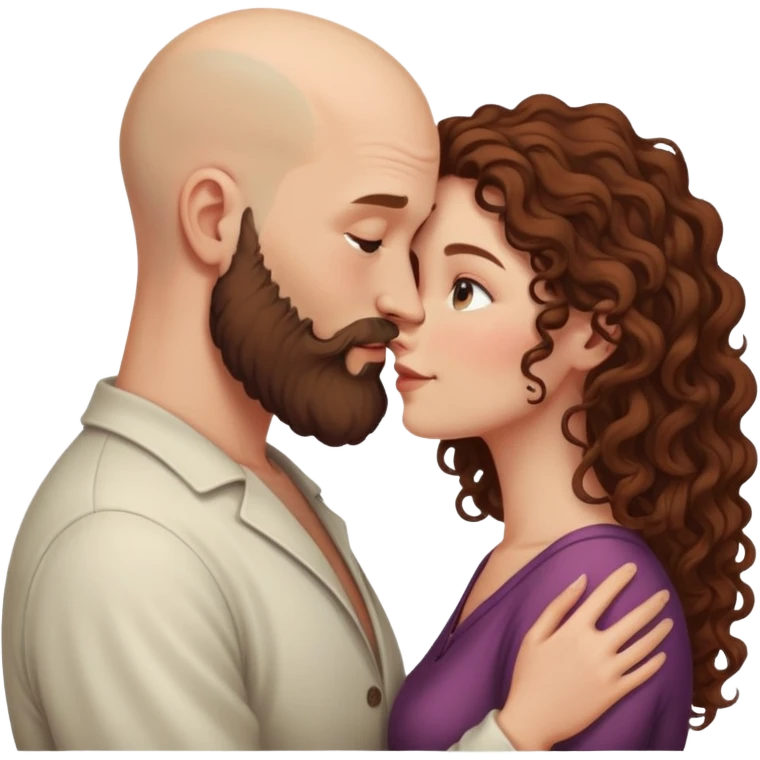 intimate moment between lovers bald man brown beard long  curly hair woman emoji