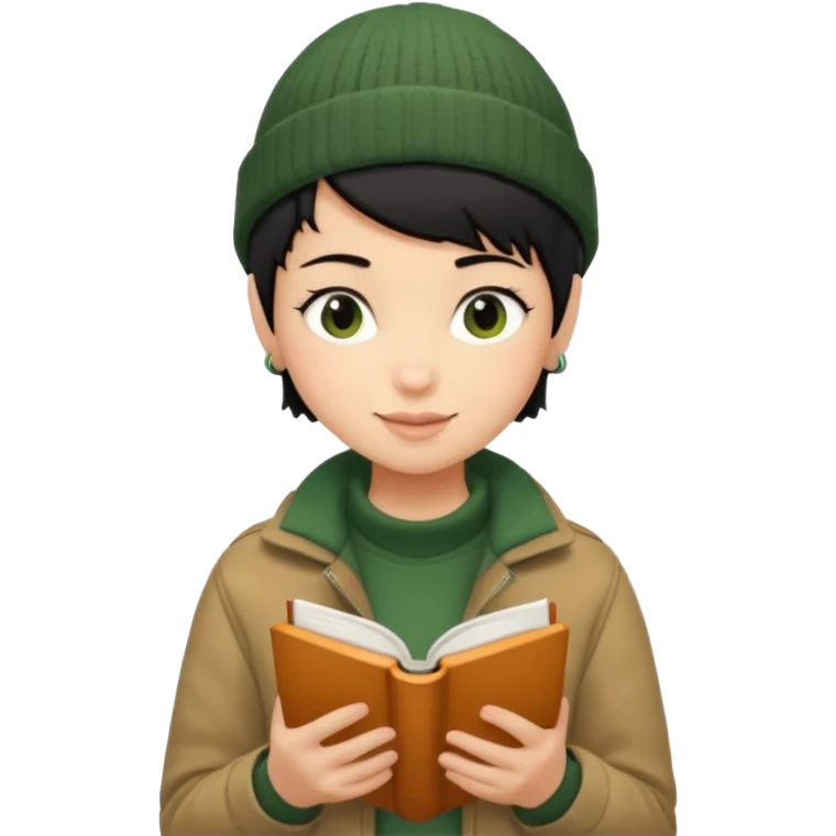 tan skin, non binary person with pixie cut black hair, wearing brown jacket and dark green beanie, shy smile , reading  book  emoji