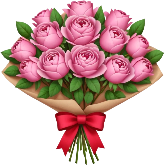 Bouquet of pink flower like rose and peony wrapped in kraft paper with red bow emoji