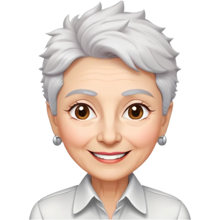 Senior version of Marian Pabón with defined facial structure, light pinkish skin showing age, almond eyes, arched eyebrows, charismatic wide smile, short spiky white-gray hair, more pronounced aging features, wearing a formal white buttoned shirt emoji