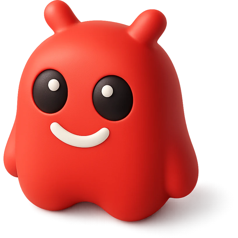 red mascot with black eyes and white pupils, cute and friendly emoji