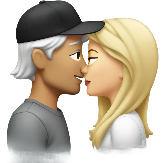 Woman with long blond hair kissing man with short grey hair and a black cap emoji
