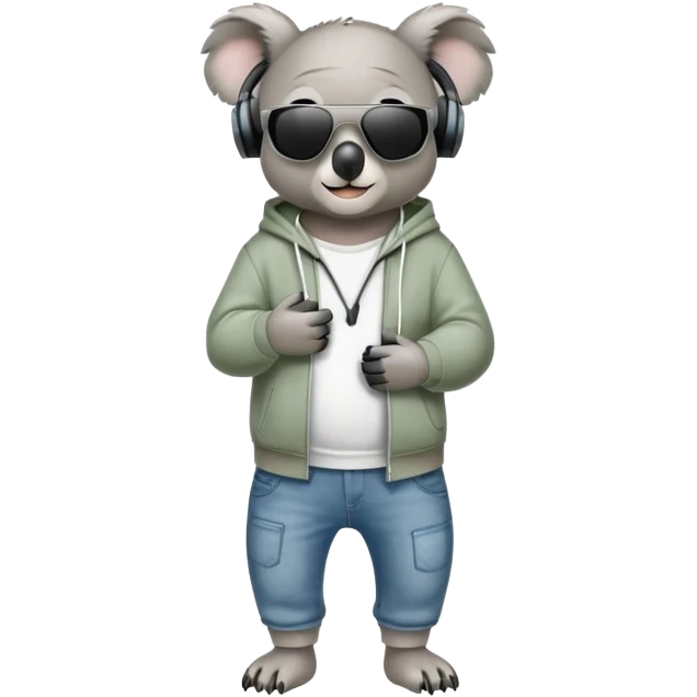anthropomorphised koala full body wearing a hoodie and jeans dark sunglasses headphones different pose emoji