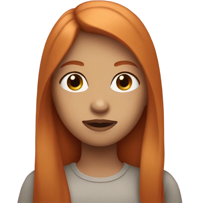 A girl has ginger, straight long hair. Her lips are big and pink emoji