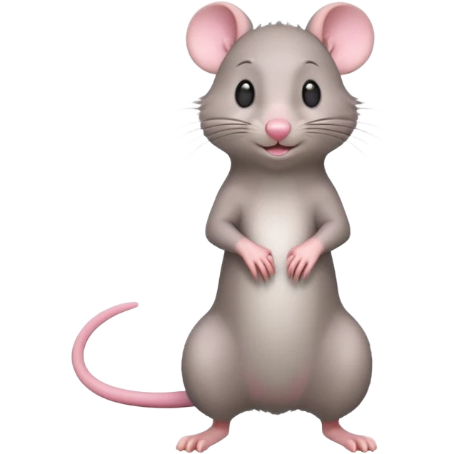 A 3D cartoon rat standing on its hind legs, gray fur, long pink tail, small round ears, curious smile, soft natural lighting, realistic yet cute Memoji-style. emoji