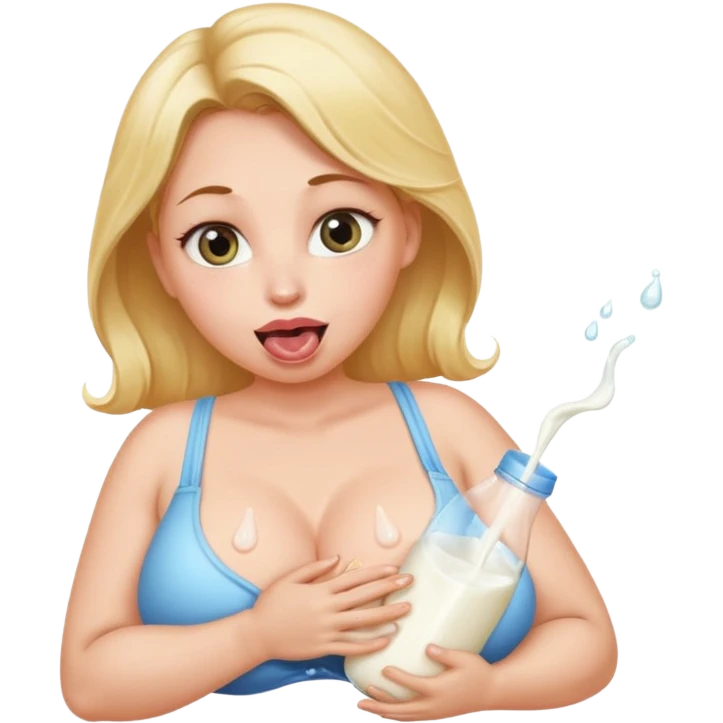 Make a bare skin woman, she has very massive breats and big nipples lactates, her eyes rolled up, she opens her mouth to stick her tounge out with saliva. She has wet milk on her chest. emoji