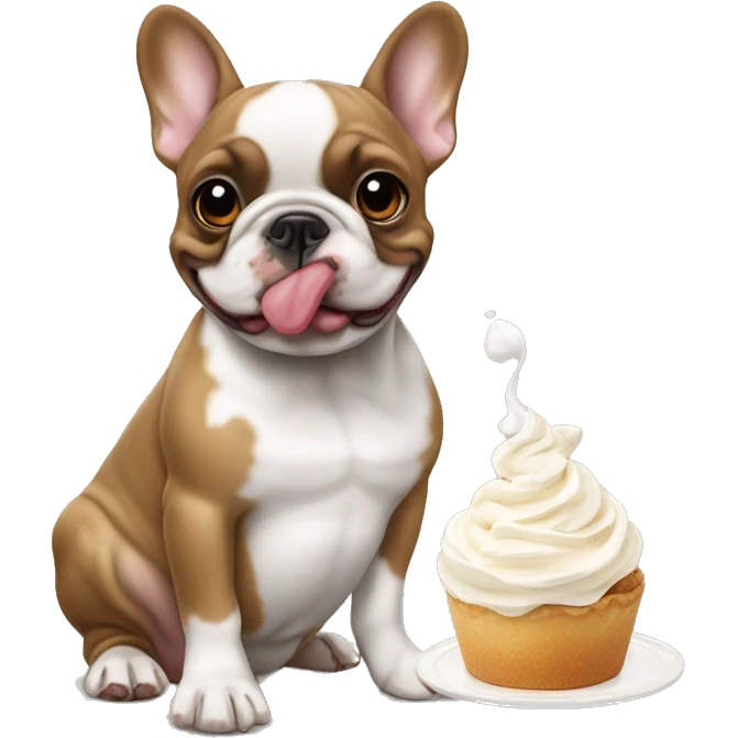 Fawn pied French bulldog eating whipped cream emoji