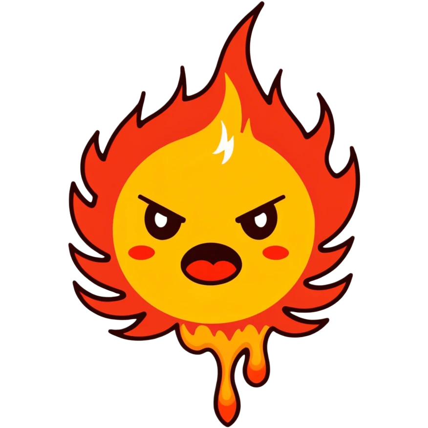 "A highly expressive emoji-style face with wide, bloodshot eyes and an open mouth, breathing a large burst of fire. The emoji has an exaggerated, cartoonish look with bright yellow and orange tones. The fire is detailed with red, orange, and yellow flames, creating a dramatic effect. emoji