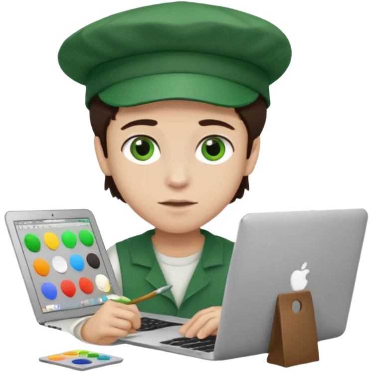 boy working in Macbook, him hat same like painter artist, eyes green color, color hair dark brown emoji