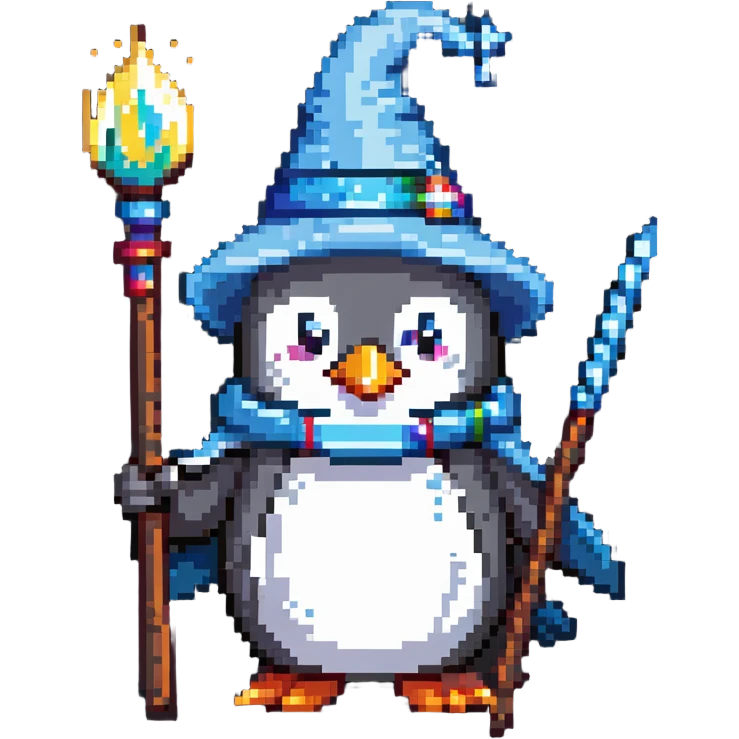 penguin wizard with a pointy hat and magic staff emoji